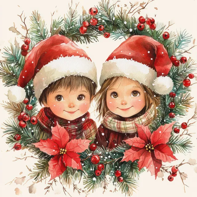 Two children in Santa hats smile inside a Christmas wreath with poinsettias, red berries, pine branches, and falling snow.