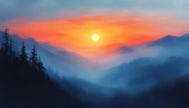 Impressionist sunset over layered mountains with golden sun and misty blue valleys