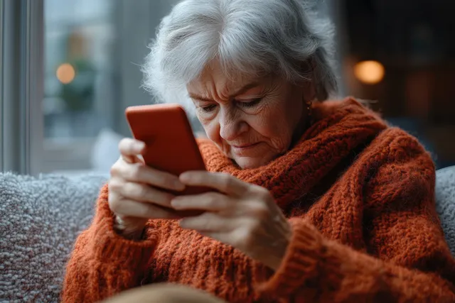 Elderly woman squinting at a smartphone on a living room couch, warm indoor light