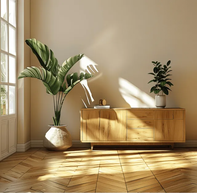 Sunlit coastal bedroom corner with wooden sideboard, parquet floor, and leafy plants with Wood Furniture