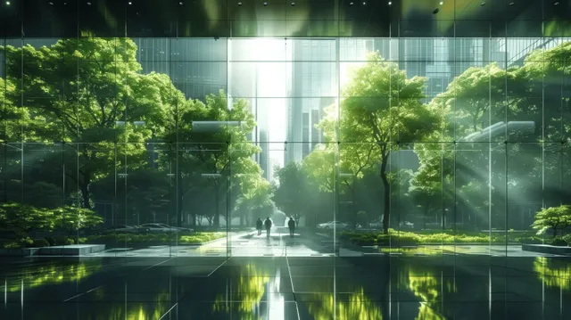 Sunlit glass atrium with trees and a reflective water pool beside a futuristic office building interior.
