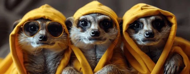 Three meerkats in yellow hoodies huddle together for the camera, one wearing round glasses.
