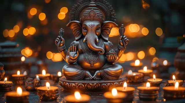 Ornate elephant-headed Ganesha statue rests amid many lit candles with warm bokeh lights behind it.