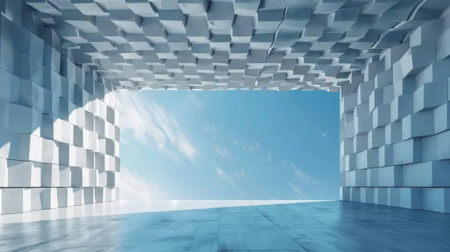 White cube buildings framed by an empty concrete lot with blue sky, strong shadows, and clean geometry.