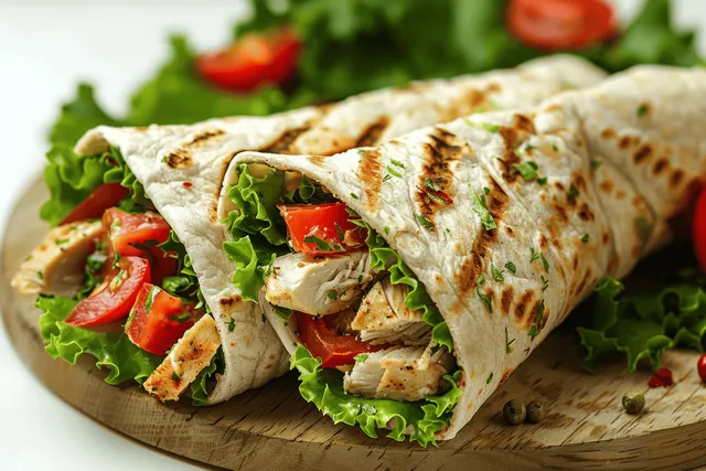 Grilled chicken salad wrap with lettuce and tomato on a wooden board.