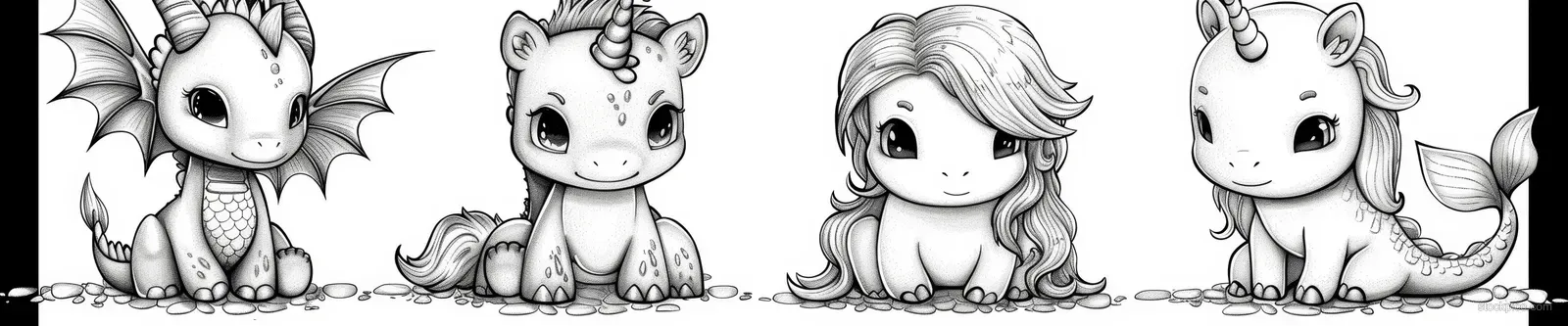 Five fantasy animal characters—unicorn, dragon, mermaid, fairy, and dinosaur—shown as thick black outline coloring figures.