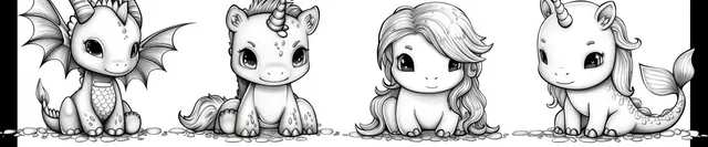 Coloring sheet featuring unicorn, dragon, mermaid, fairy, and dinosaur line art characters