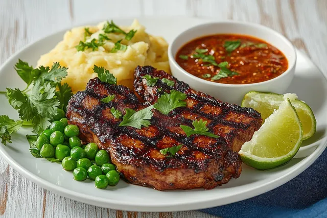 Grilled pork chops sit on a white plate with peas, mashed potatoes, lime wedges, and spicy red sauce.