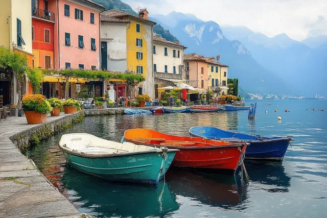 Pastel lakeside buildings and moored colorful boats along a calm dock with mountains under a cloudy sky.