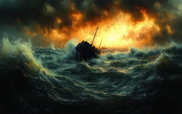 A fishing boat rides heavy storm waves under a glowing, clouded sky.