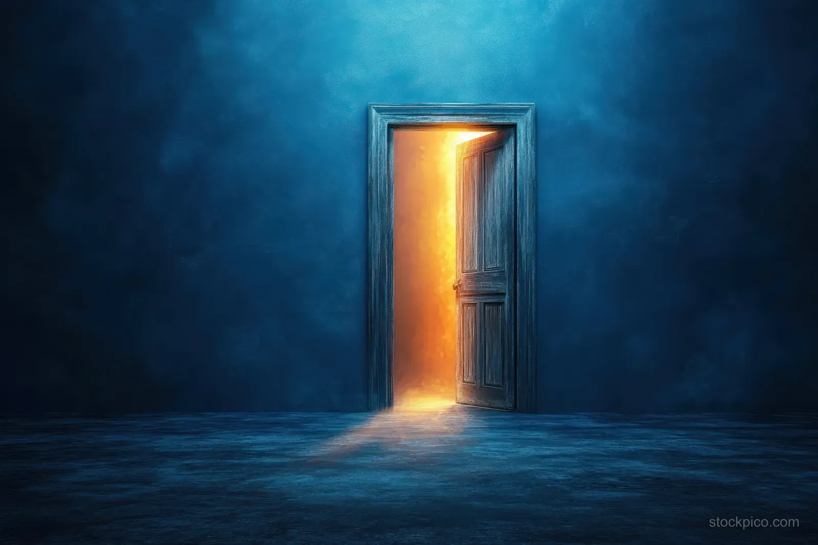 An old wooden door ajar on a dark blue wall with warm golden light spilling onto the floor.