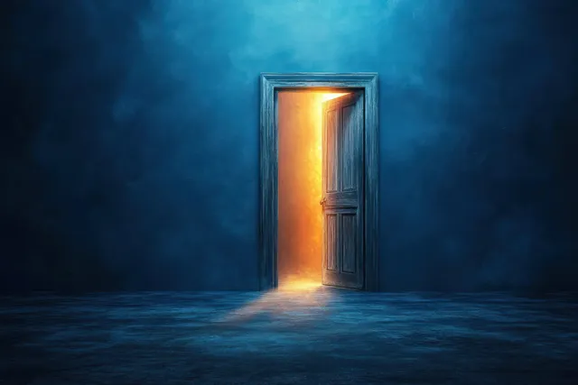 Old wooden door cracked open on a dark blue textured wall, golden light spilling inside