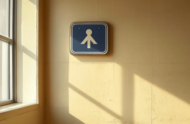 Blue restroom accessibility sign on a beige wall with window sunlight casting sharp shadows.