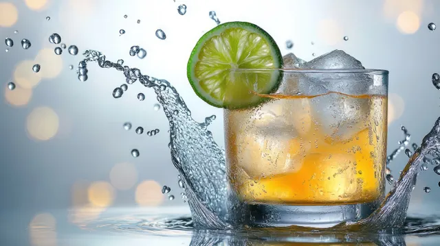 Iced lime drink splashing water droplets in a clear glass on reflective surface
