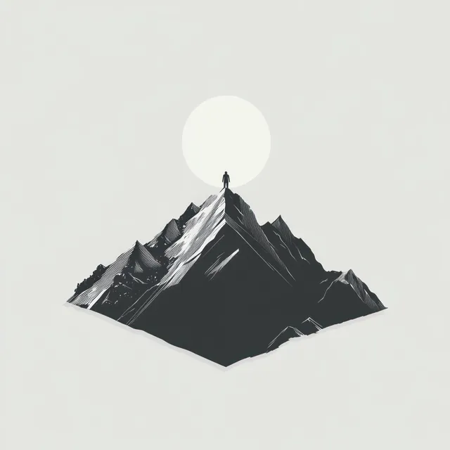A lone hiker silhouette stands on a jagged mountain peak under a large circular moon in a plain sky.