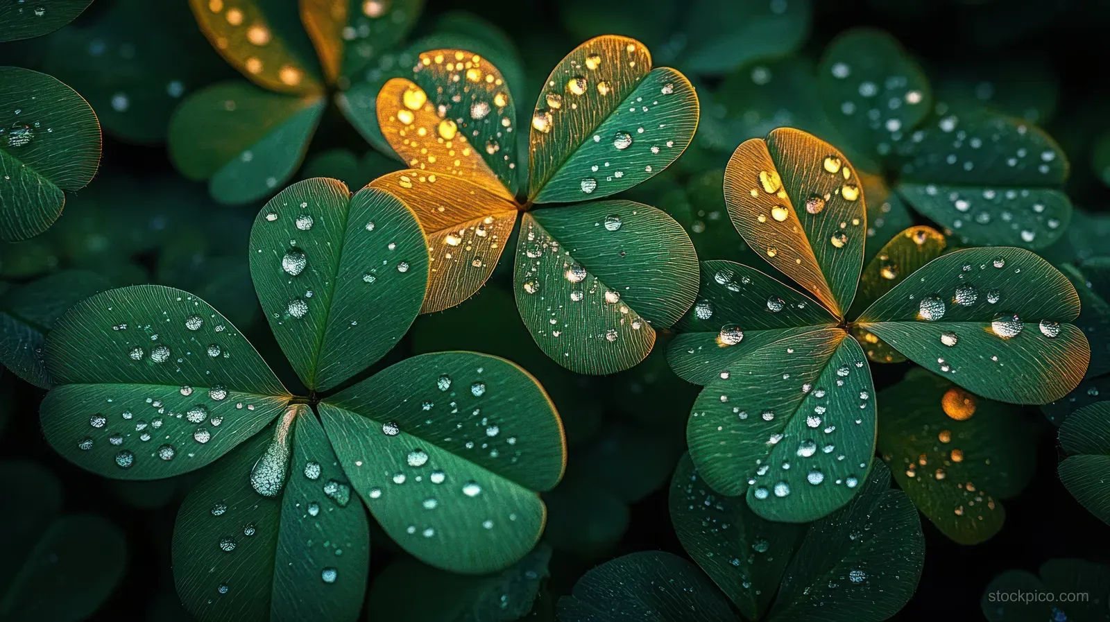 Green clover leaves covered with dewdrops illuminated by warm golden sunlight in a dark natural background.