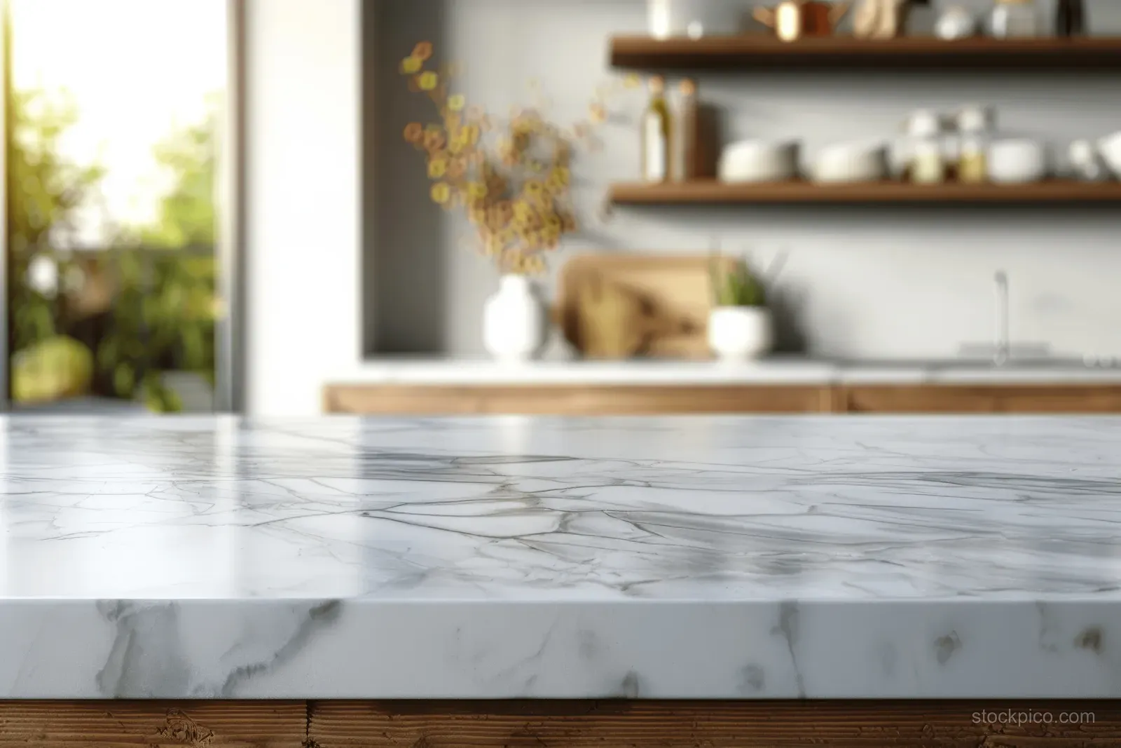 White marble kitchen countertop in daylight with a blurred window and softly focused sink area behind it.