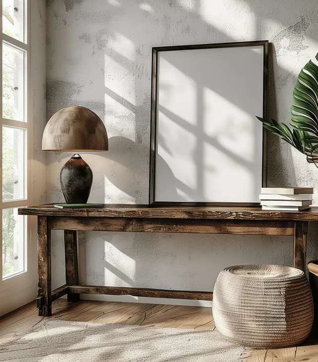 Rustic wooden console table with lamp and blank poster frame, sunlit Scandinavian interior