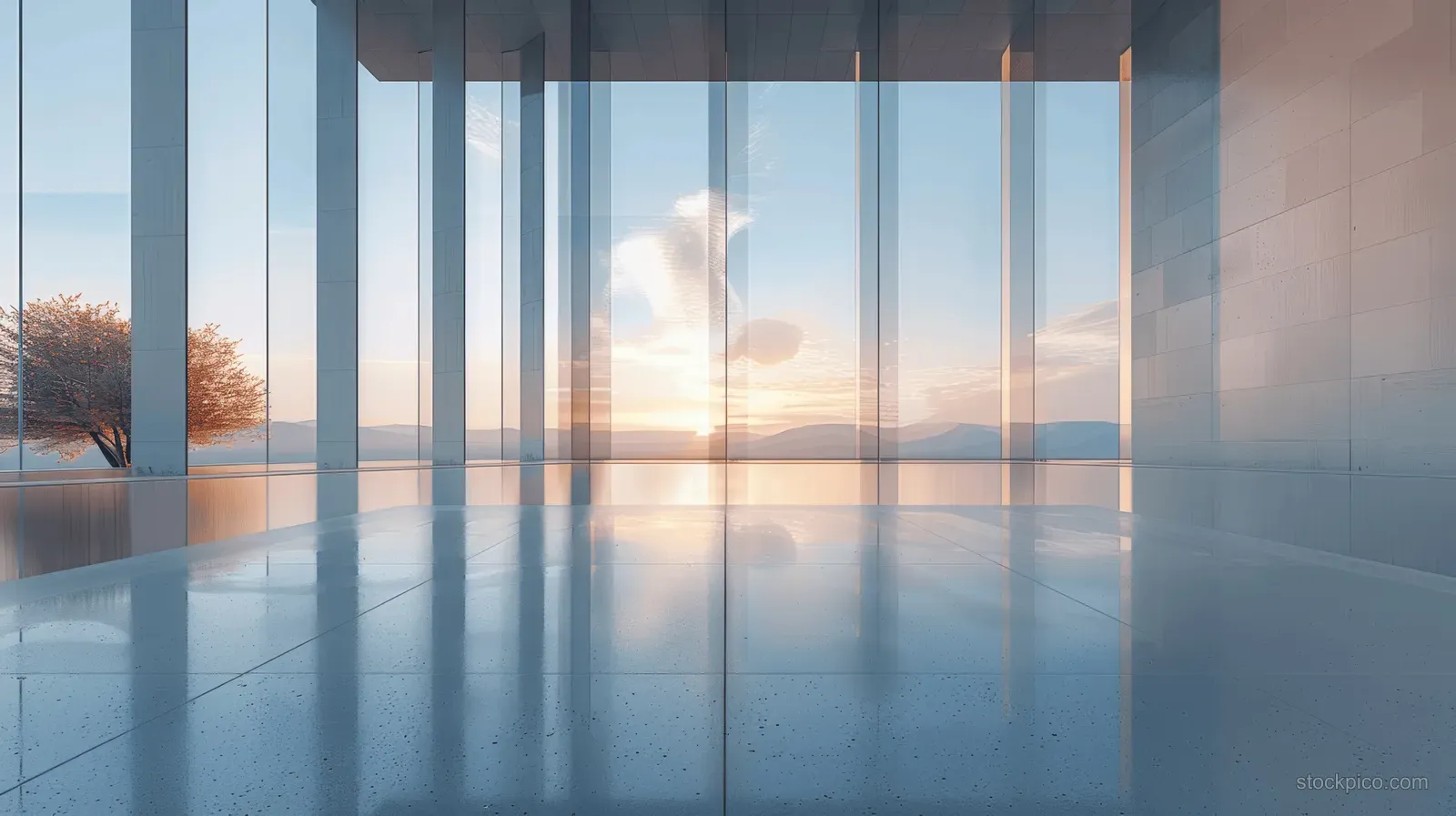 Concrete columns frame a glass window wall while a smooth reflective floor mirrors sunset light and clouds.