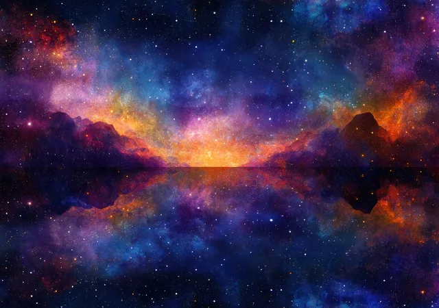 Symmetrical purple blue and orange nebula radiates across a starry deep-space background with glowing cosmic dust clouds.