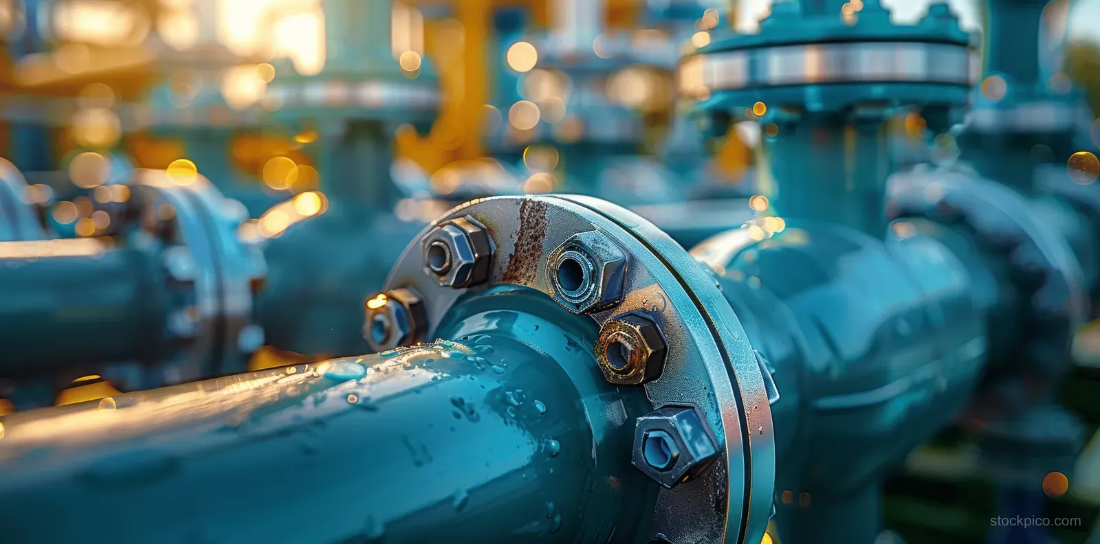 Blue gas pipeline valve with bolts and flanged joint in sharp focus against warm bokeh light in a factory.