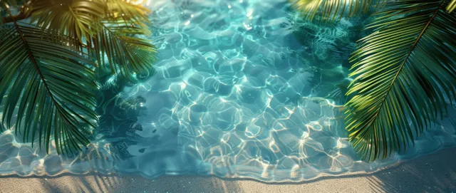 Top view of tropical palm leaf shadows over clear turquoise pool water