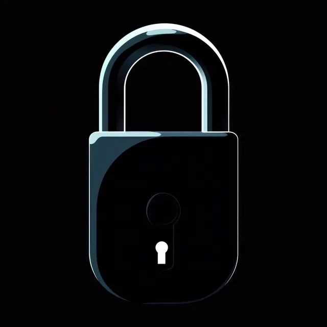 Dark metallic padlock with keyhole centered on black background, high-contrast security icon