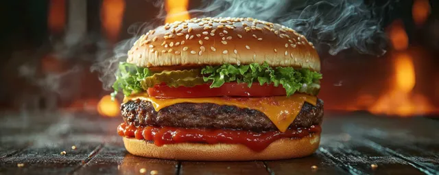 Juicy cheeseburger with melted cheddar and sesame bun, smoke rising behind on a hot grill.