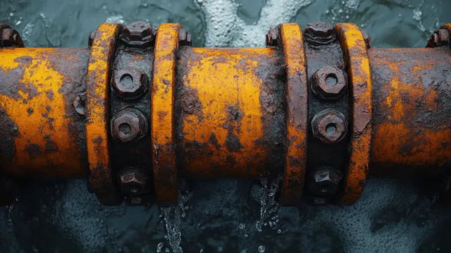 Close-up of a rusty pipe coupling with a water leak spraying droplets from the bolted joint.