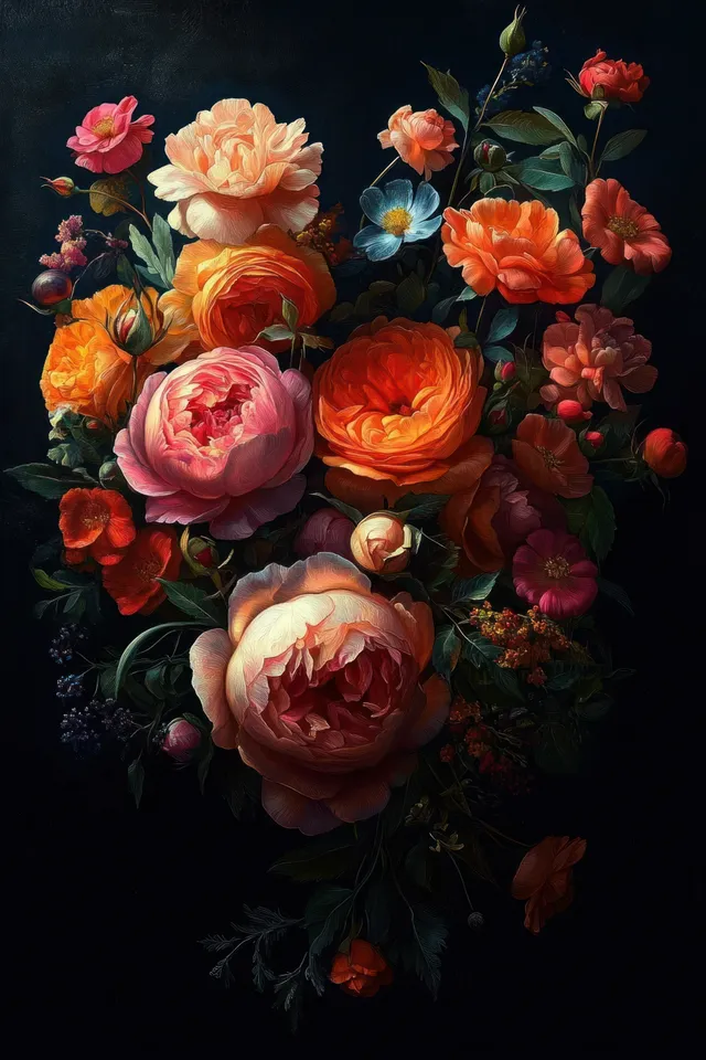 Assorted roses and peonies in pink, peach, and orange arranged as a bouquet against a dark background.