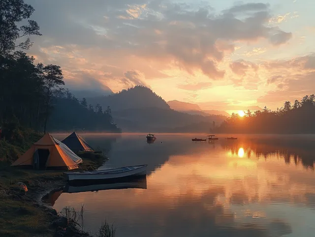 Sunrise over a calm lake with camping tents on the shore and small boats anchored along the water.