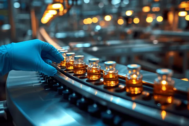 Gloved technician inspecting amber medicine vials on an automated pharmaceutical conveyor line with Shallow Depth Of Field