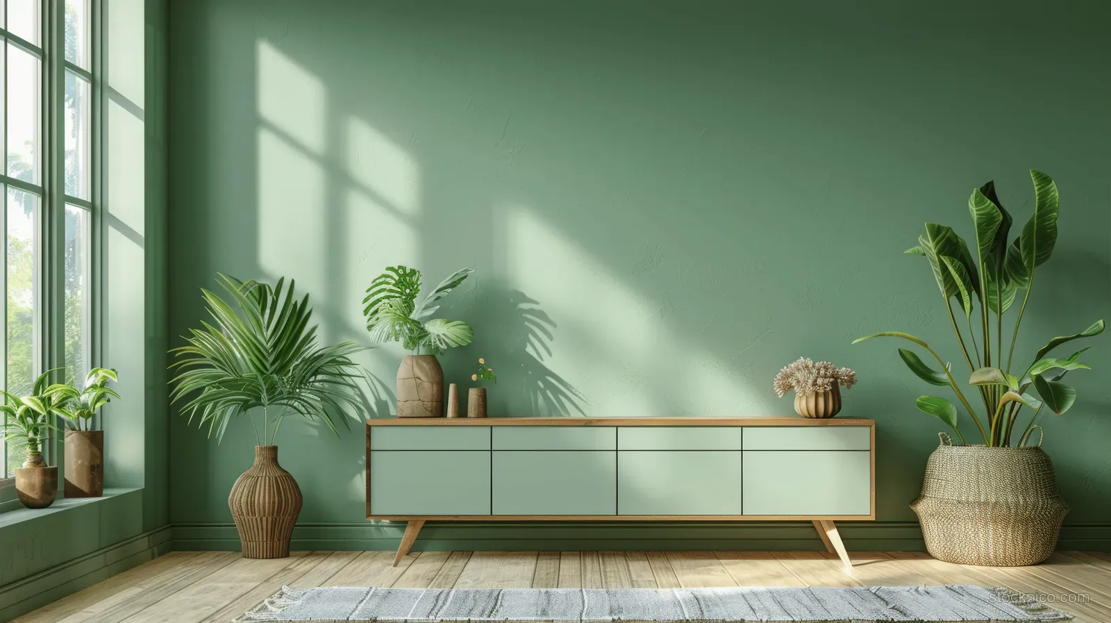 Minimalist living room corner showing a green TV cabinet against a green wall with potted plants, a lamp, and window light.
