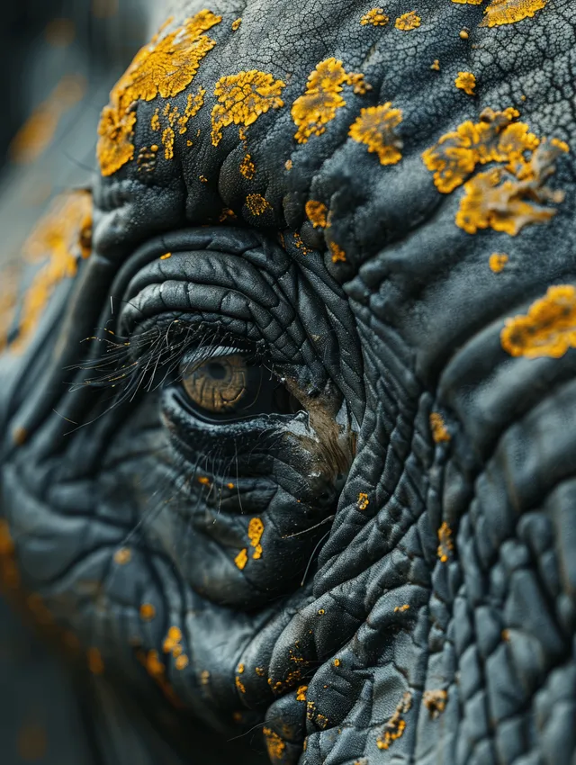 Elephant eye close-up with yellow lichen textures showing social awareness and emotion