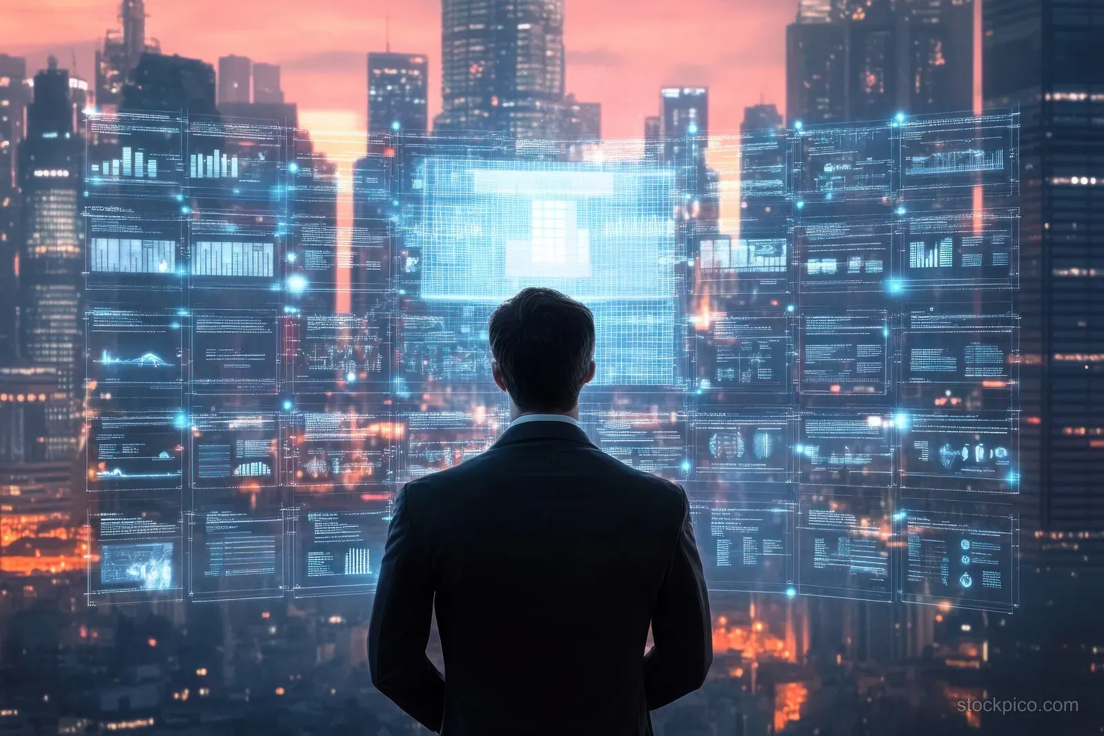 Silhouetted CEO facing a holographic organizational chart with neon cyberpunk city skyline behind.