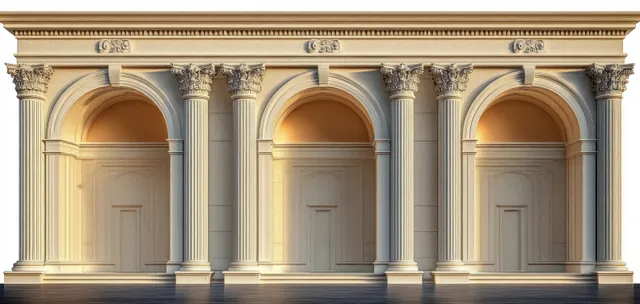 A grand classical facade showcases arches and Corinthian columns, illuminated by soft ambient light for a timeless entrance.