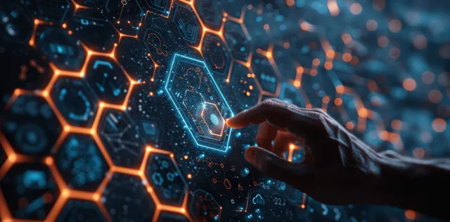 A hand reaches toward glowing hexagon network nodes, indicating digital partnership connections for online marketing.