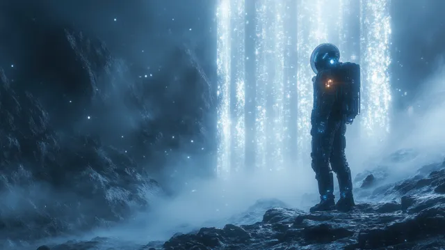 Futuristic robot warrior standing on misty rocks holding glowing sci-fi pistol