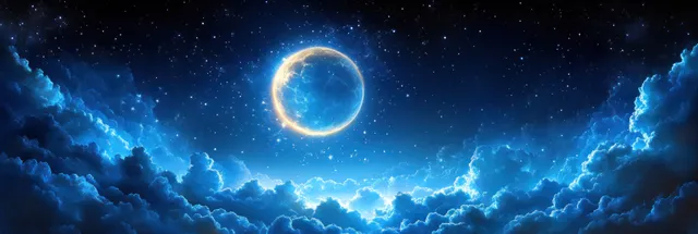 A bright blue moon shines above fluffy clouds under a starry midnight sky.