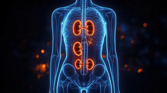 Glowing kidneys and ureters highlight the urinary tract inside a transparent human torso with a blue skeletal outline against darkness.