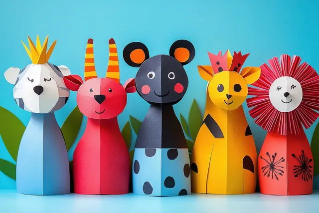 Colorful paper rabbit, chicken, and egg crafts made from cardboard rolls stand in a row on a blue background.