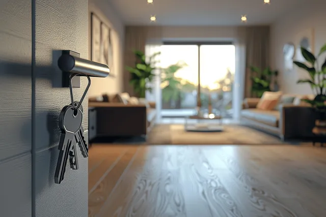 Keys dangle from an open door handle as a bright Scandinavian living room with a large window is visible.