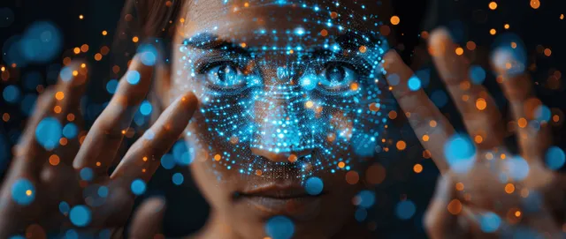 A businessman holding a tablet shows HR recruiting strategy while futuristic network light bokeh surrounds the scene.