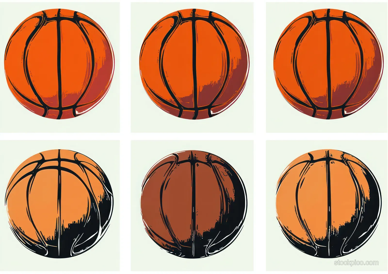 Six illustrated basketballs with orange and black shading arranged in two rows on a light background.