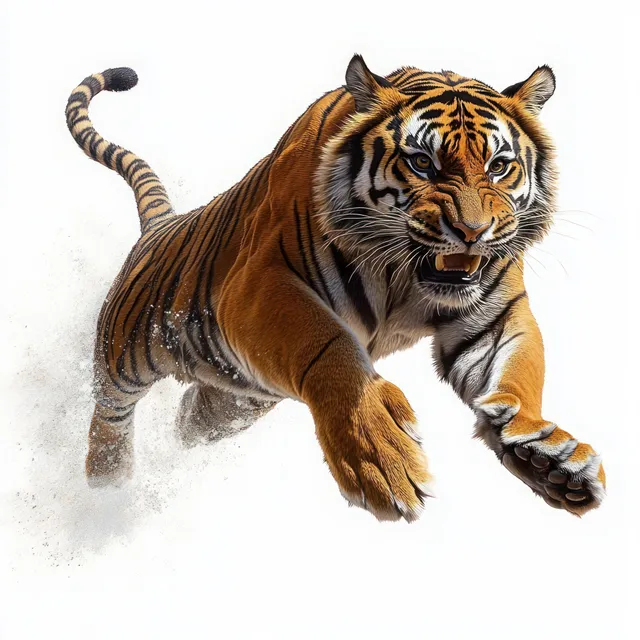 A tiger mid-leap with extended claws and focused eyes, kicking up dust against a white background.