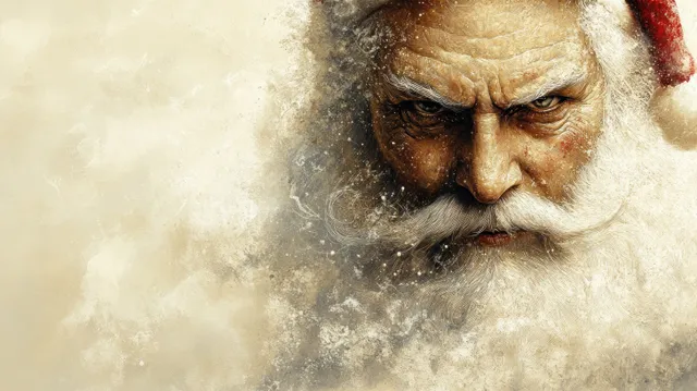 Vintage Santa Claus face partially shown in warm sepia tones with smoky festive haze.