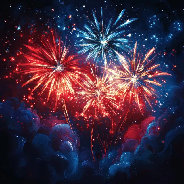 Colorful 4th of July fireworks exploding over a dark night sky with crowd silhouettes
