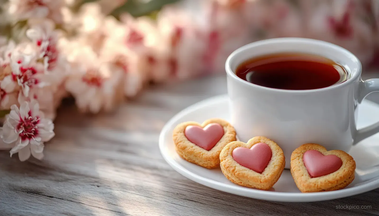 White teacup on a saucer holding three heart-shaped pink-iced cookies next to soft pink flowers on wood.