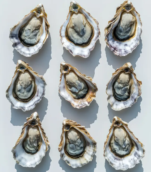 Nine fresh oysters arranged in a grid on a white surface, with soft shadows showing textured shells and interior flesh.