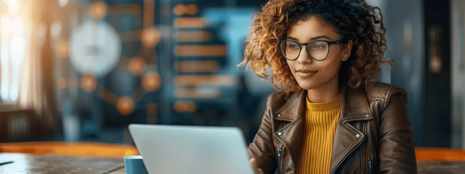 Young businesswoman with glasses types on a laptop at an office desk with blurred background lights.